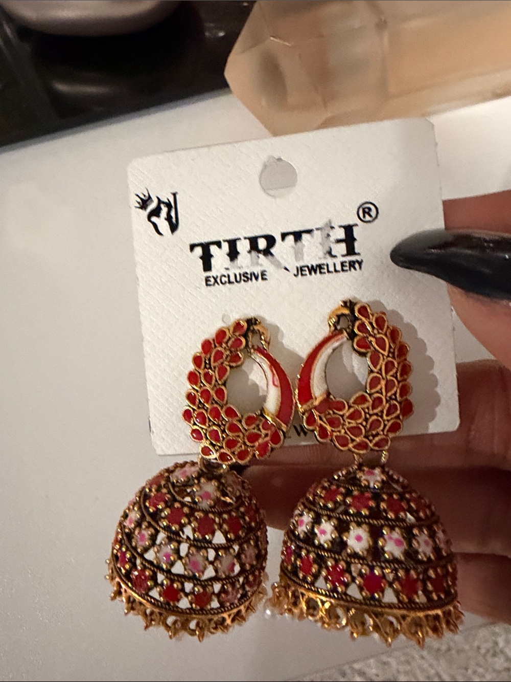 Indian Red and Gold Floral Jhumka Earrings